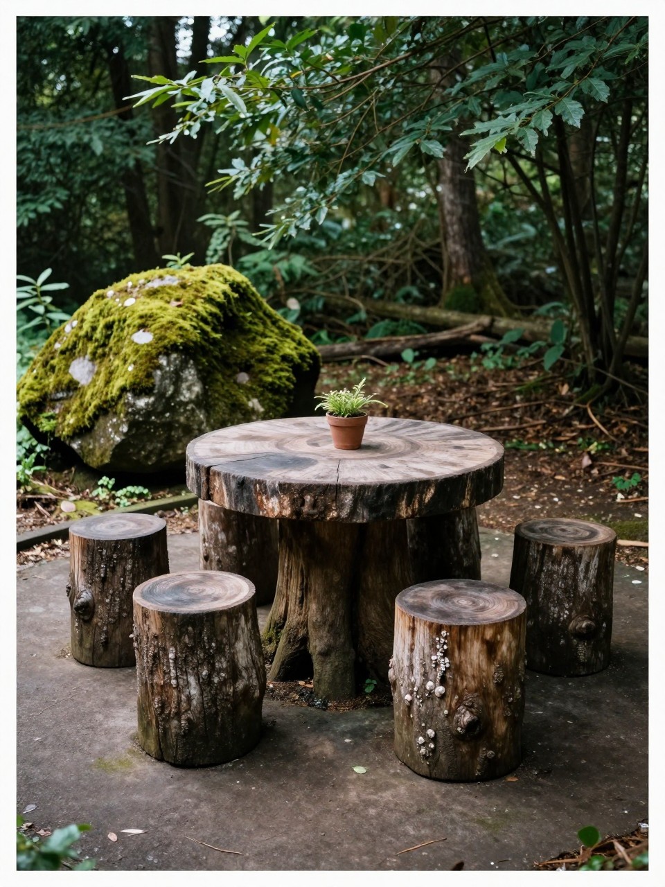 Photo of a outdoor dining area with tree stump stools around a large stump table, corner angle view, setting in a shaded woodland backyard, soft filtered light, containing a moss-covered rock nearby, iPhone photo quality.