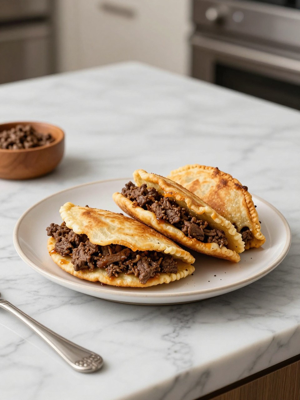 An overheard picture view of a plate of Ground Beef Gorditas sitting on a marble countertop table in the kitchen, professional food photography style.