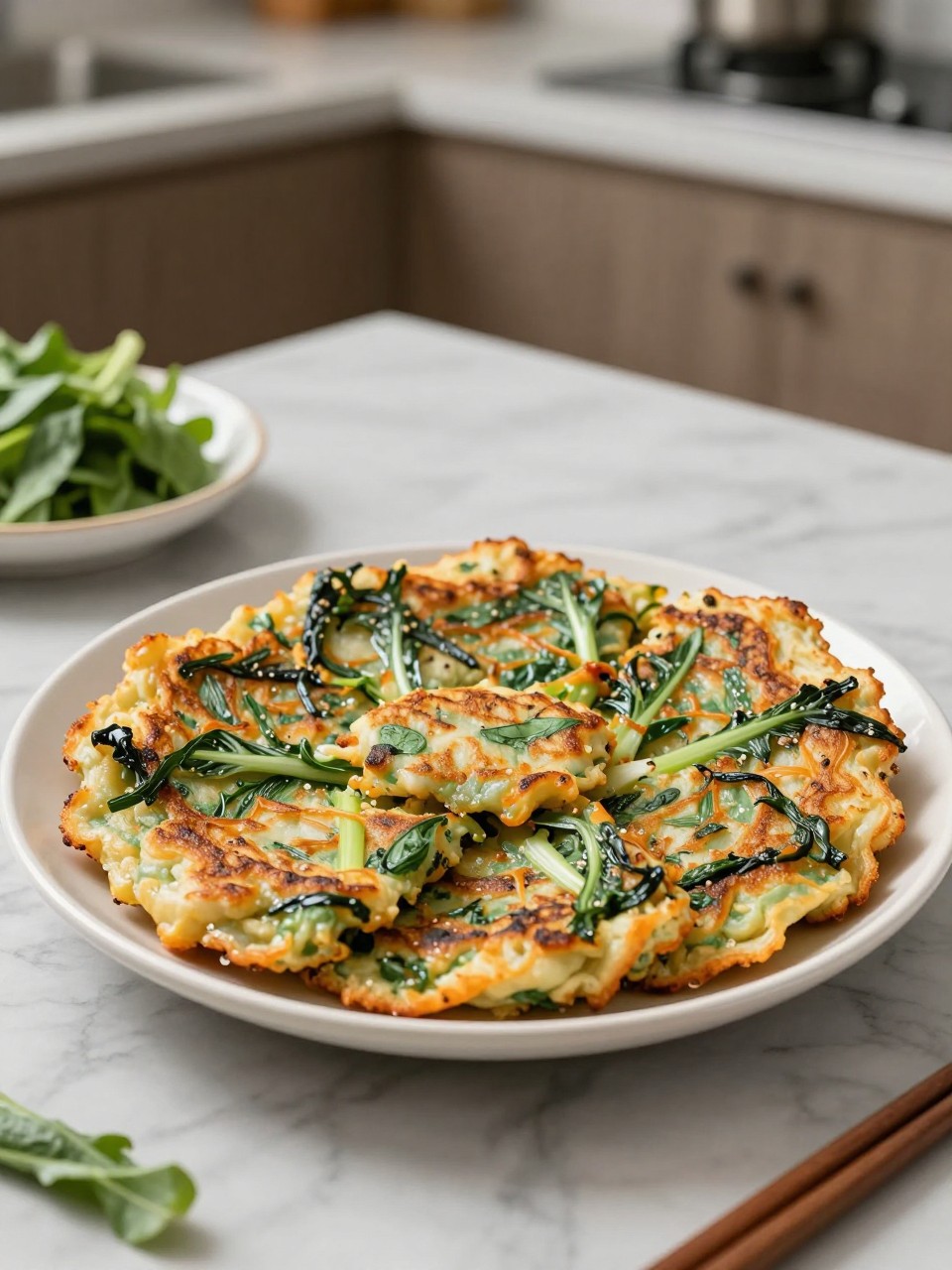 An overheard picture view of a plate of Yachaejeon (Korean Vegetable Pancakes) sitting on a marble countertop table in the kitchen, professional food photography style.