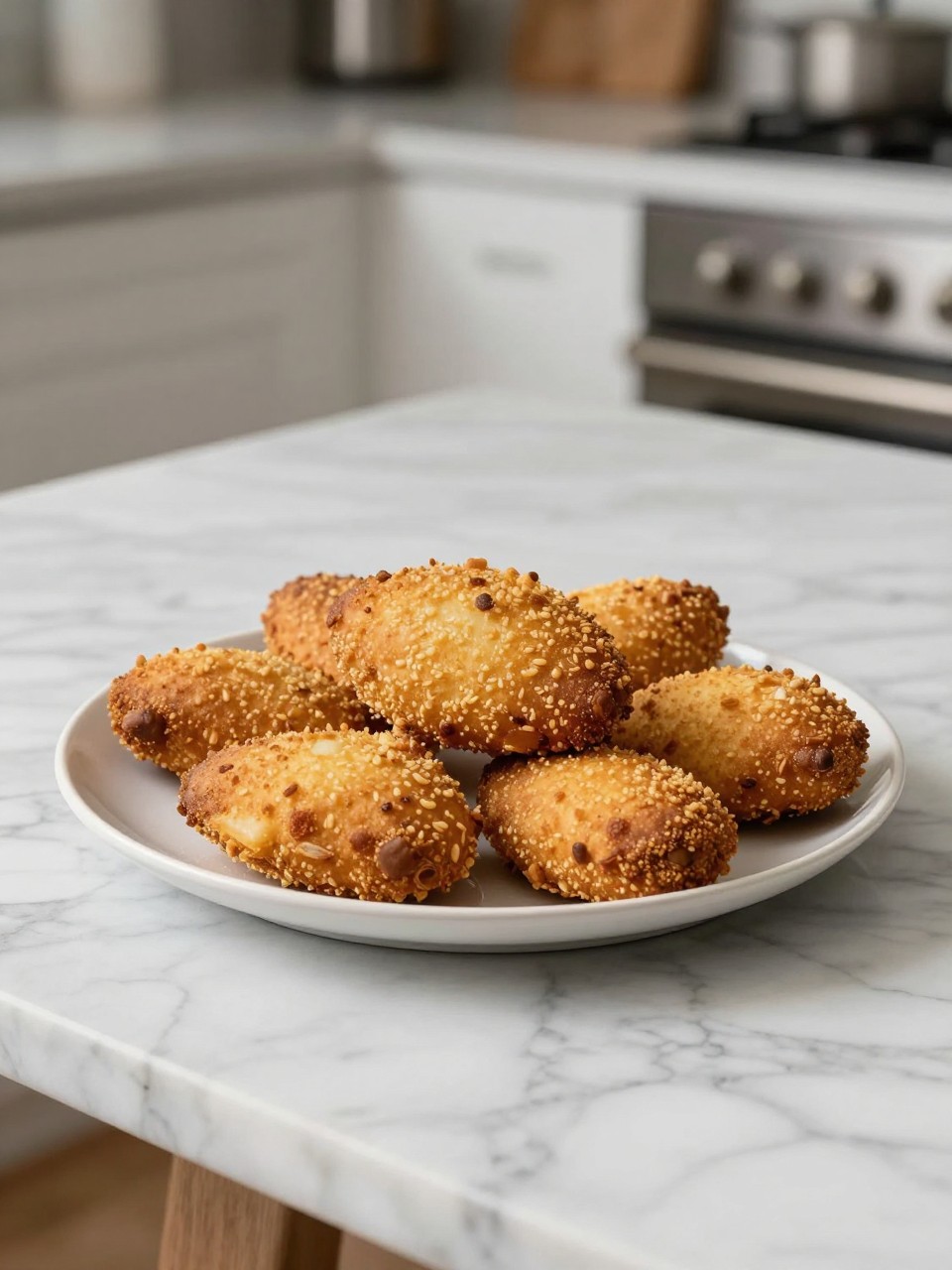 An overheard picture view of a plate of Molletes sitting on a marble countertop table in the kitchen, professional food photography style.