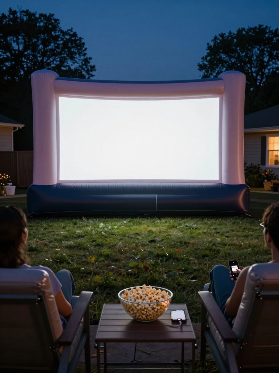 Photo of a backyard with a large inflatable movie screen glowing with light, wide view from behind seating, setting in a suburban backyard at night, dark with screen light, containing a bowl of popcorn on a side table, iPhone photo quality.