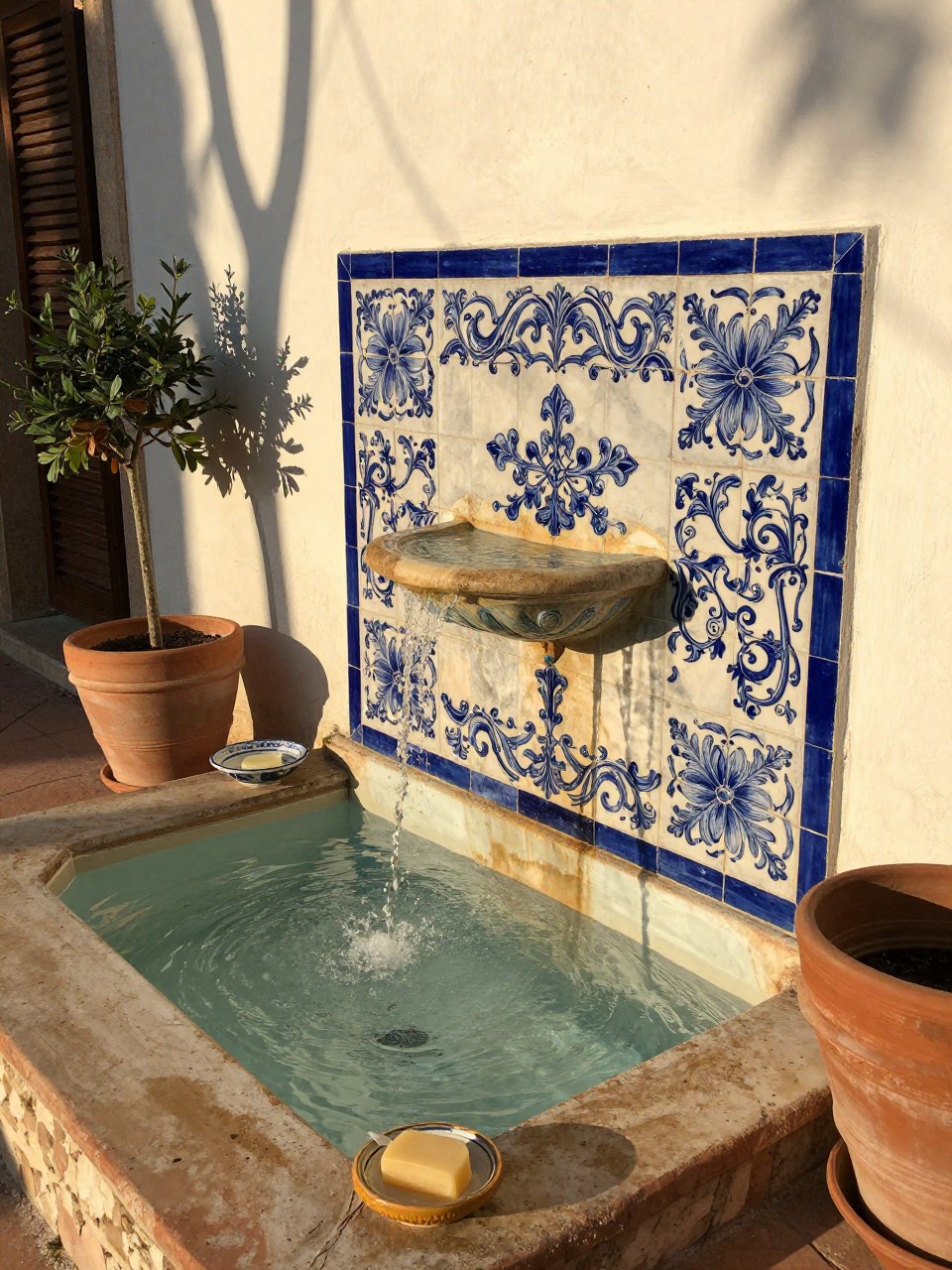 Photo of a Mediterranean tile wall fountain with water flowing into a basin, corner angle view, setting in a sunny courtyard with terracotta pots, late afternoon light, containing a small ceramic dish with soap nearby, iPhone photo quality.