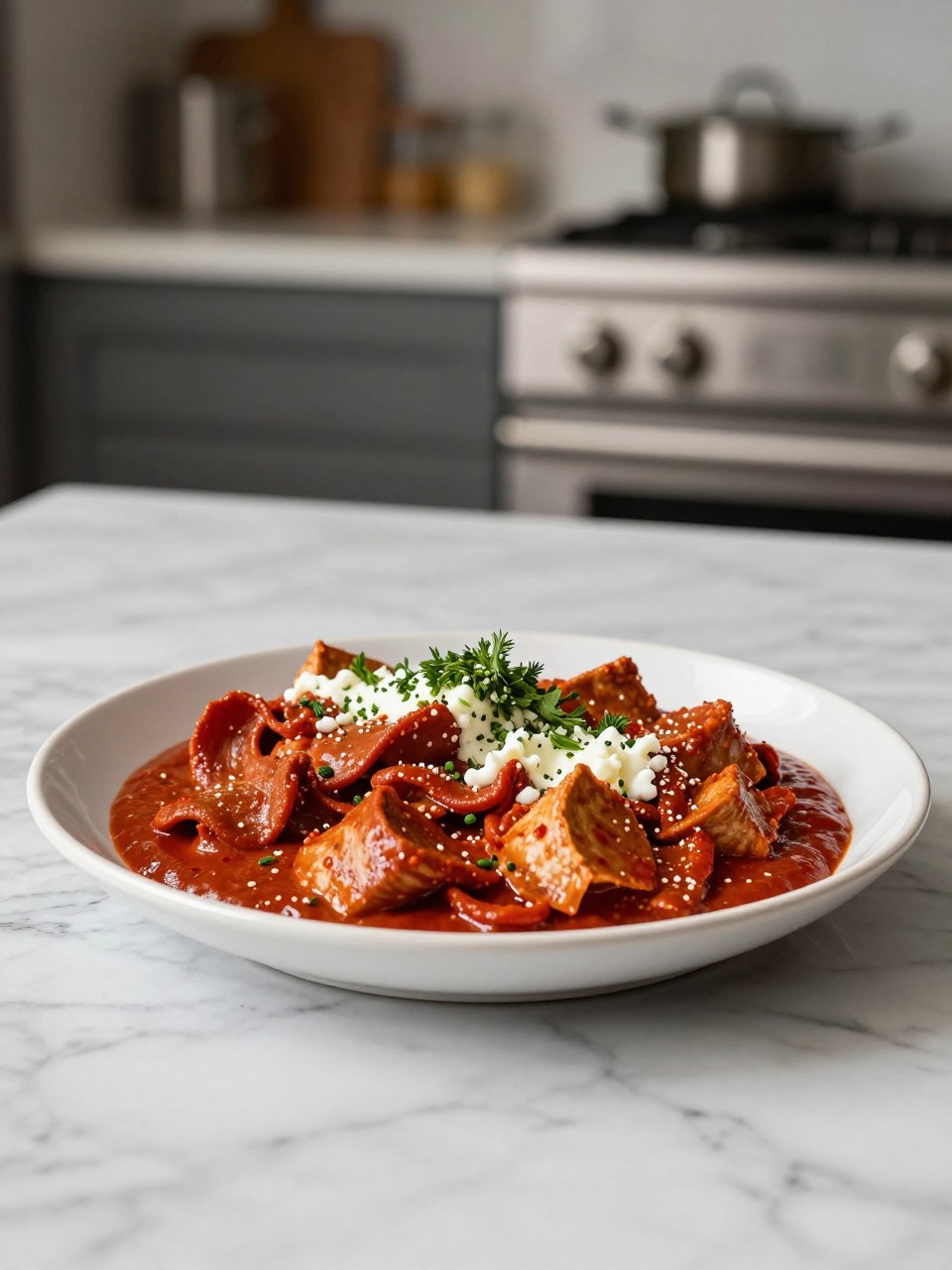 An overheard picture view of a plate of Chilaquiles Rojos sitting on a marble countertop table in the kitchen, professional food photography style.