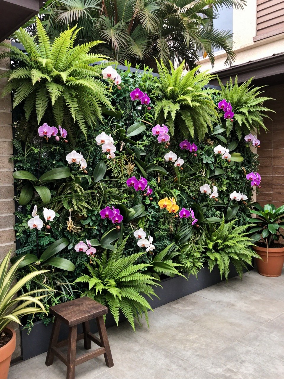 Photo of a vertical garden fence covered in blooming orchids and ferns, wide view, setting in a shaded backyard lounge area, soft filtered light, containing a small garden stool nearby, iPhone photo quality.