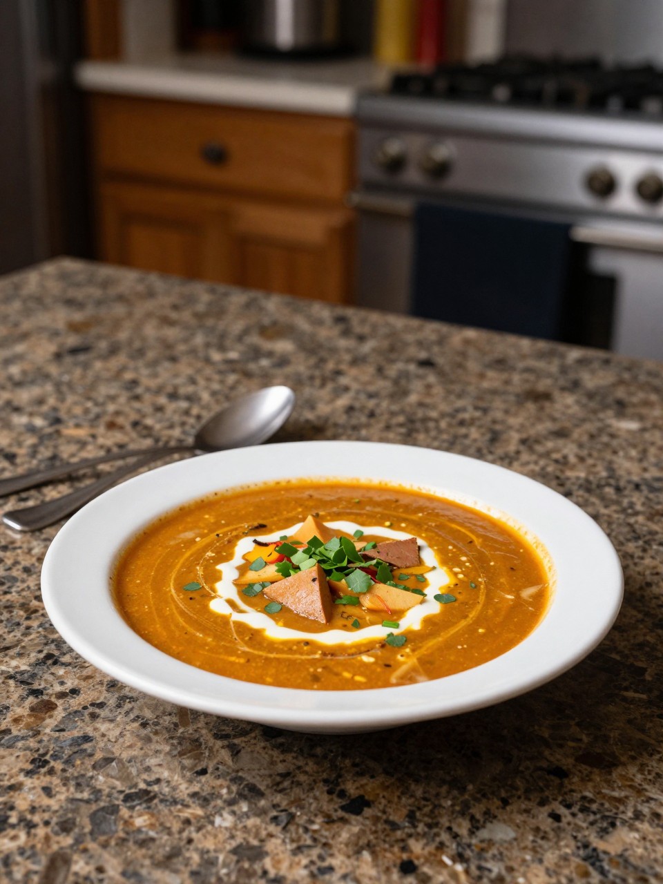 An overheard picture view of a plate of Aztec Soup sitting on a marble countertop table in the kitchen, professional food photography style.