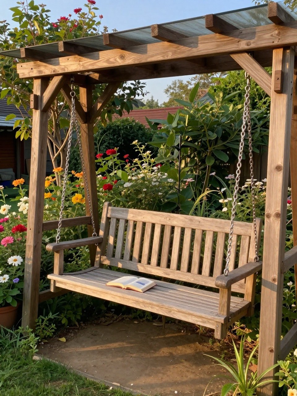 Photo of a wooden swing bench hanging from a pergola beam, corner angle view, setting in a cottage garden with flowers, late afternoon light, containing a book resting on the swing seat, iPhone photo quality.
