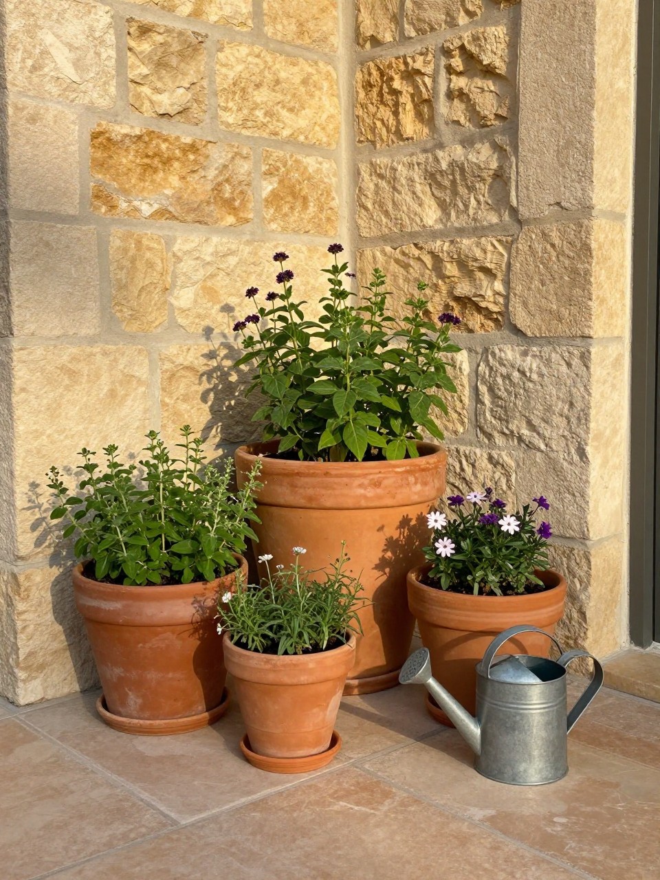 Photo of a sunny courtyard corner with clustered terracotta pots of various sizes planted with herbs and flowers, corner angle view, setting against a warm stone wall, late afternoon light, containing a small watering can with a long spout nearby, iPhone photo quality.