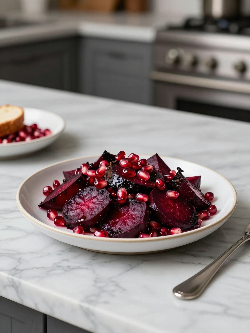 An overheard picture view of a plate of Roasted Beet and Pomegranate Salad sitting on a marble countertop table in the kitchen, professional food photography style.
