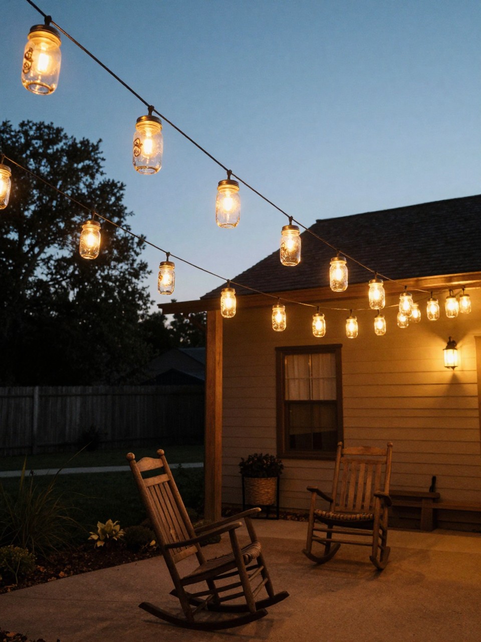 Photo of mason jar string lights hanging above a seating area in a rustic country backyard, wide view, dusk with lights glowing, containing a wooden rocking chair visible below, iPhone photo quality.