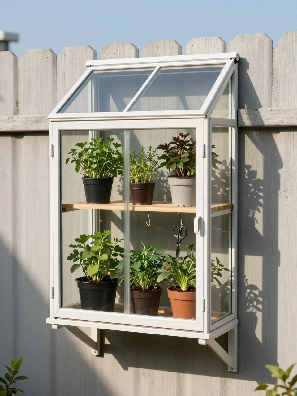 Photo of a wall-mounted glass greenhouse unit with herbs on shelves, straight-on view, setting on a sunny fence wall, bright midday light, containing a small pair of scissors hanging from a hook, iPhone photo quality.