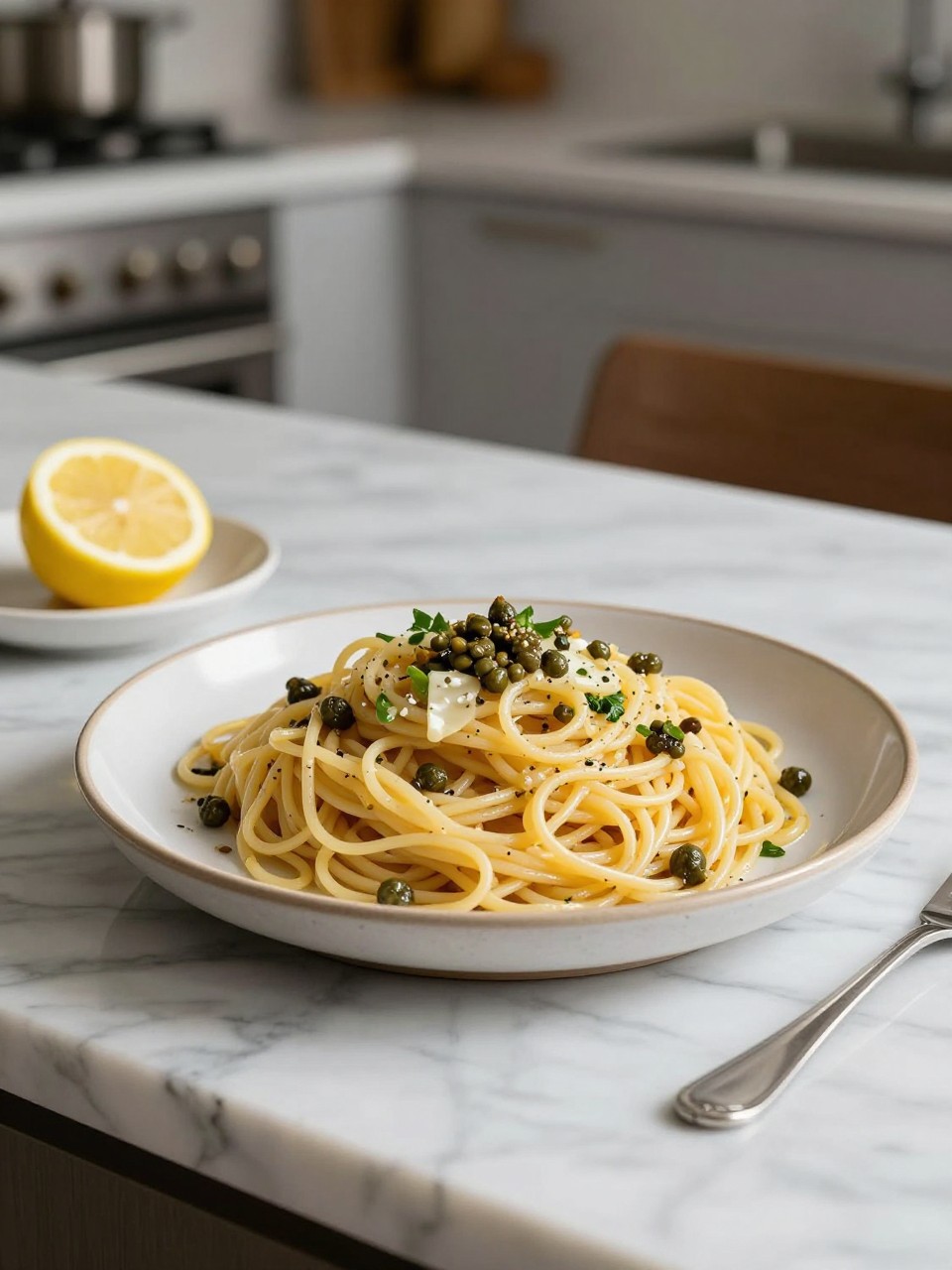 An overheard picture view of a plate of Spaghetti Salad with Capers and Lemon sitting on a marble countertop table in the kitchen, professional food photography style.