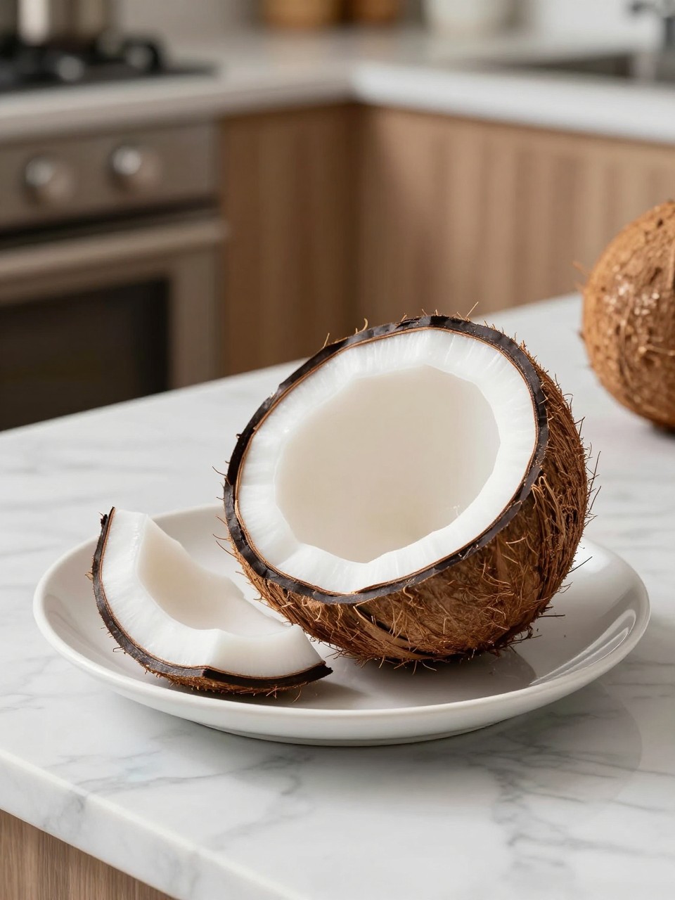 An overheard picture view of a plate of Coconut sitting on a marble countertop table in the kitchen, professional food photography style.