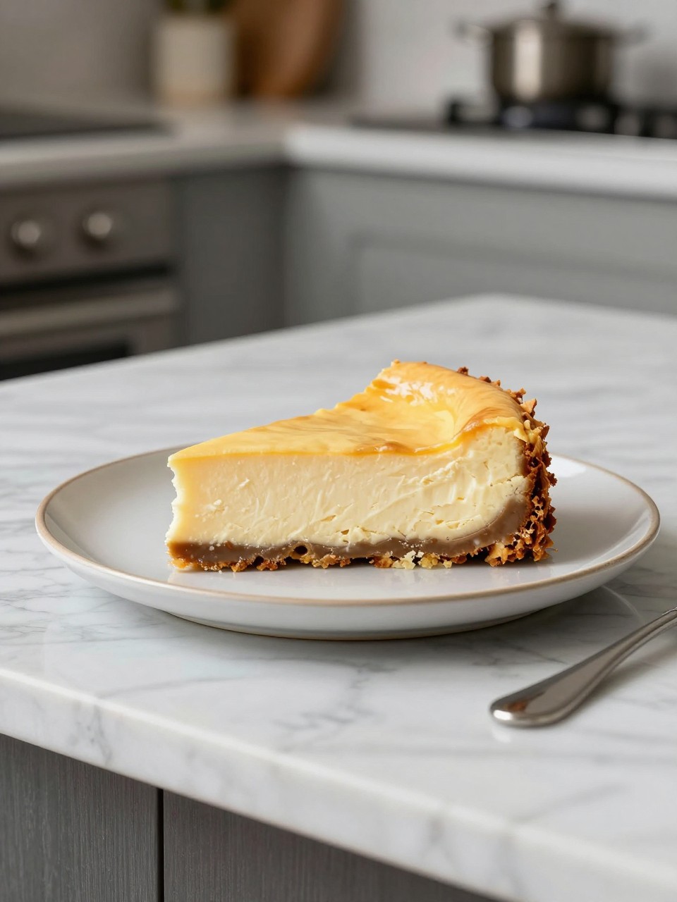 An overheard picture view of a plate of Italian Ricotta Cheesecake sitting on a marble countertop table in the kitchen, professional food photography style.