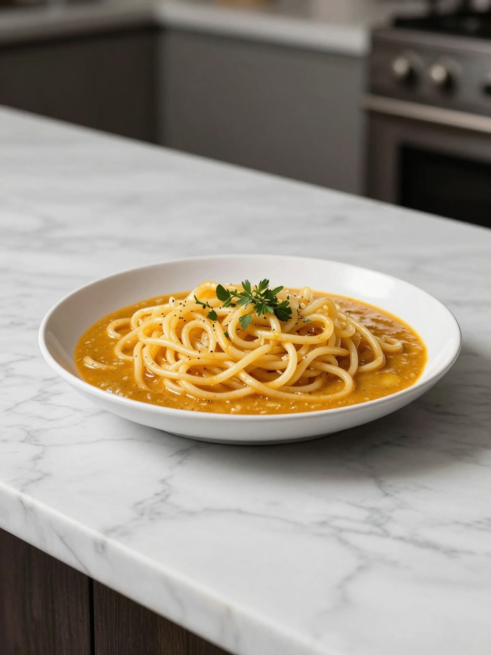 An overheard picture view of a plate of Sopa de Fideo sitting on a marble countertop table in the kitchen, professional food photography style.