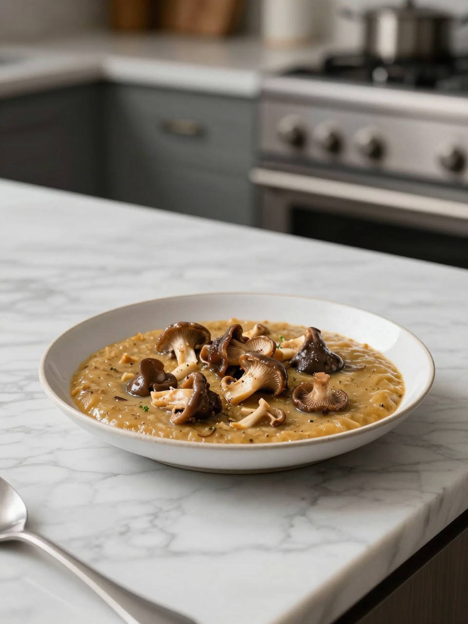 An overheard picture view of a plate of Sopa de Hongos sitting on a marble countertop table in the kitchen, professional food photography style.