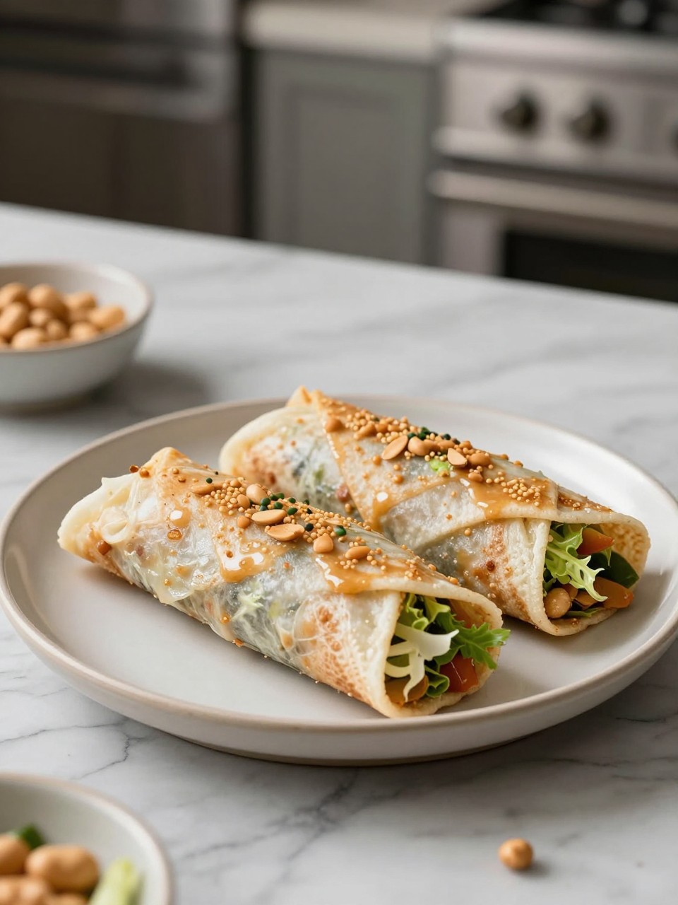 An overheard picture view of a plate of Thai Peanut Cabbage Wraps sitting on a marble countertop table in the kitchen, professional food photography style.