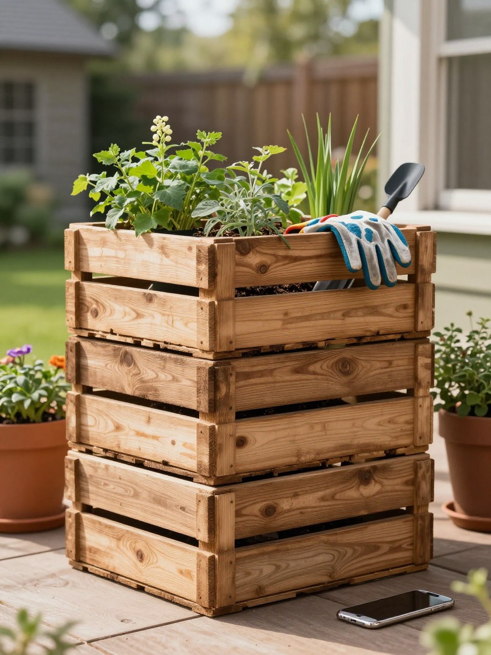 Photo of stacked wooden crates holding plants and tools in a rustic country backyard, straight-on view, corner of a patio, morning light, containing a pair of gardening gloves in one crate, iPhone photo quality.