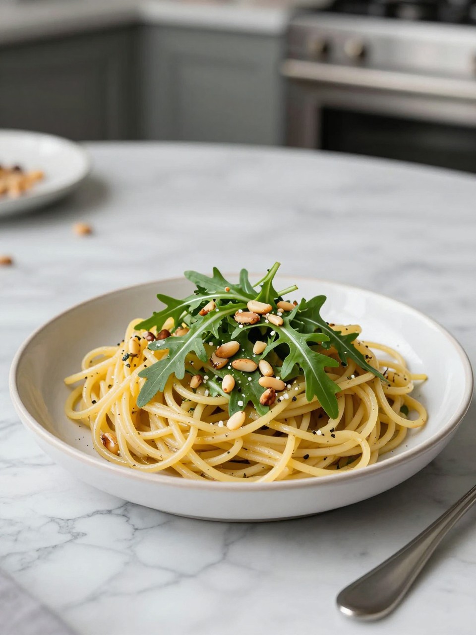 An overheard picture view of a plate of Spaghetti Salad with Arugula and Pine Nuts sitting on a marble countertop table in the kitchen, professional food photography style.