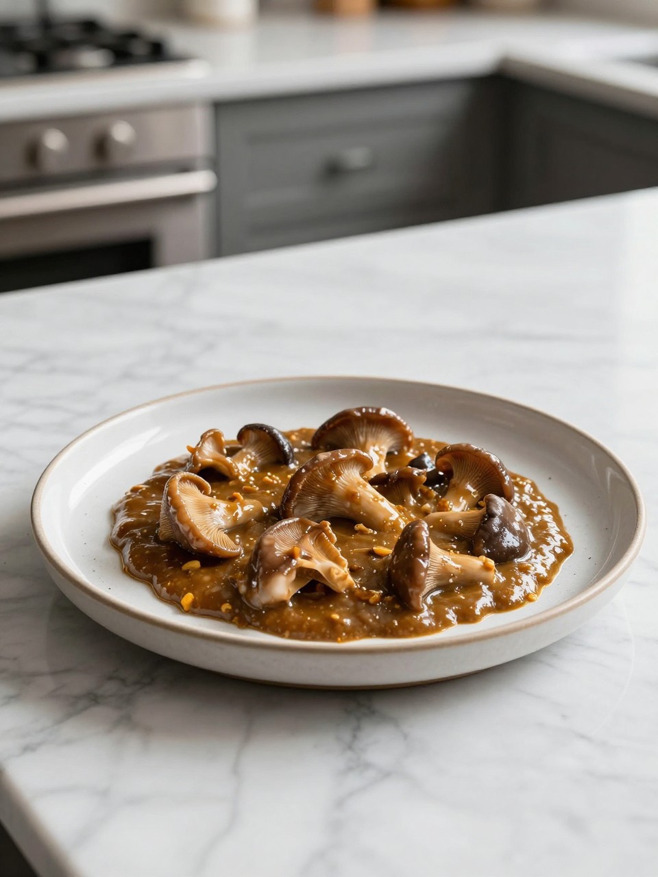 An overheard picture view of a plate of Funghi Sauce sitting on a marble countertop table in the kitchen, professional food photography style.