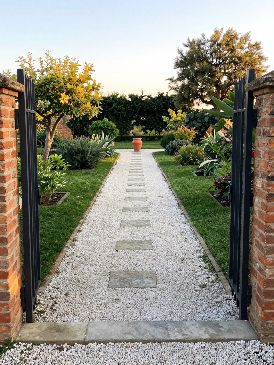 Photo of a winding gravel path edged with field stones, leading through a courtyard garden, wide view from the path entrance, setting in a Tuscan-style garden, golden hour, containing a terracotta pot visible ahead on the path, iPhone photo quality.