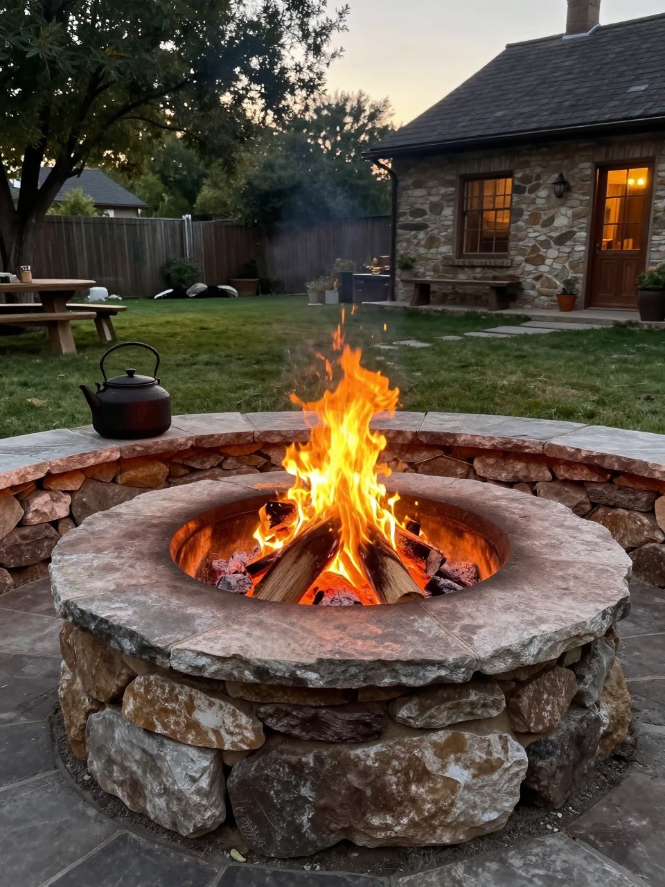 Photo of a stacked stone fire pit with log seating in a rustic country backyard, wide view, evening with fire burning, containing a cast iron kettle resting near the edge, iPhone photo quality.