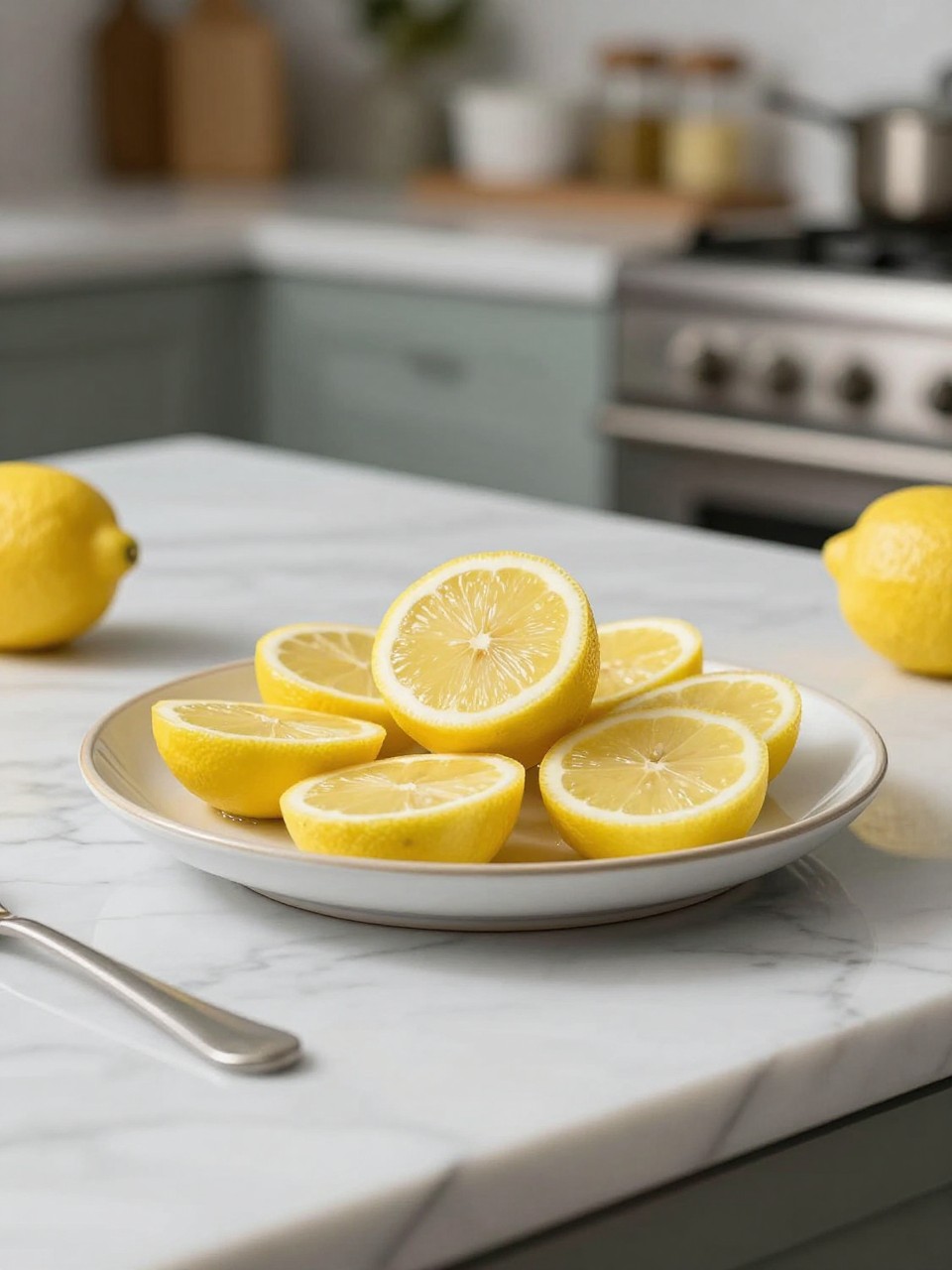 An overheard picture view of a plate of Lemon sitting on a marble countertop table in the kitchen, professional food photography style.