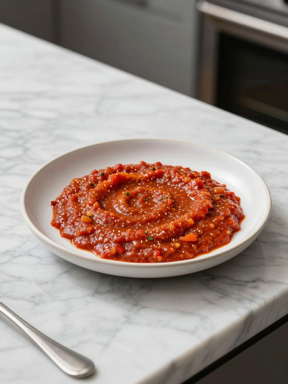 An overheard picture view of a plate of Puttanesca Sauce sitting on a marble countertop table in the kitchen, professional food photography style.