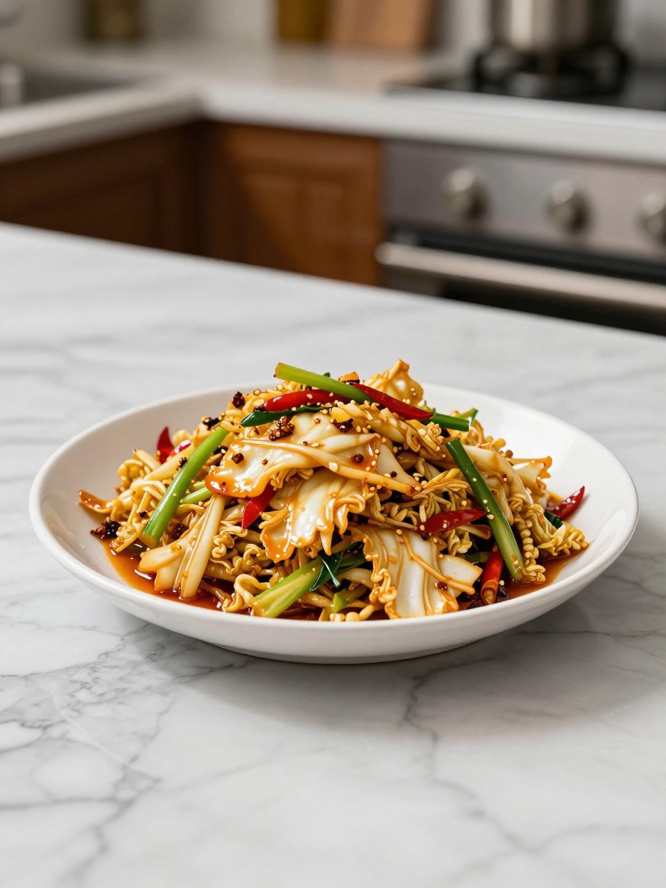 An overheard picture view of a plate of Spicy Szechuan Cabbage Stir-Fry sitting on a marble countertop table in the kitchen, professional food photography style.