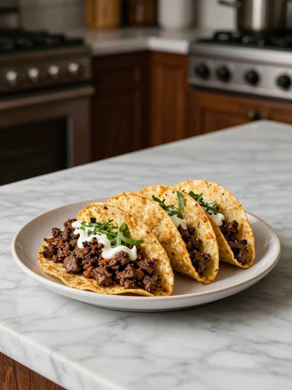 An overheard picture view of a plate of Ground Beef Taco Skillet sitting on a marble countertop table in the kitchen, professional food photography style.