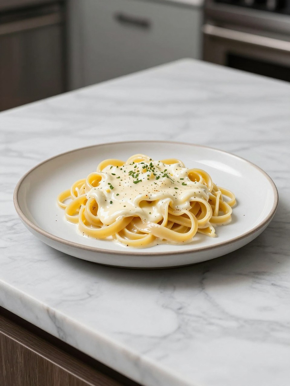 An overheard picture view of a plate of Cacio e Pepe Sauce sitting on a marble countertop table in the kitchen, professional food photography style.