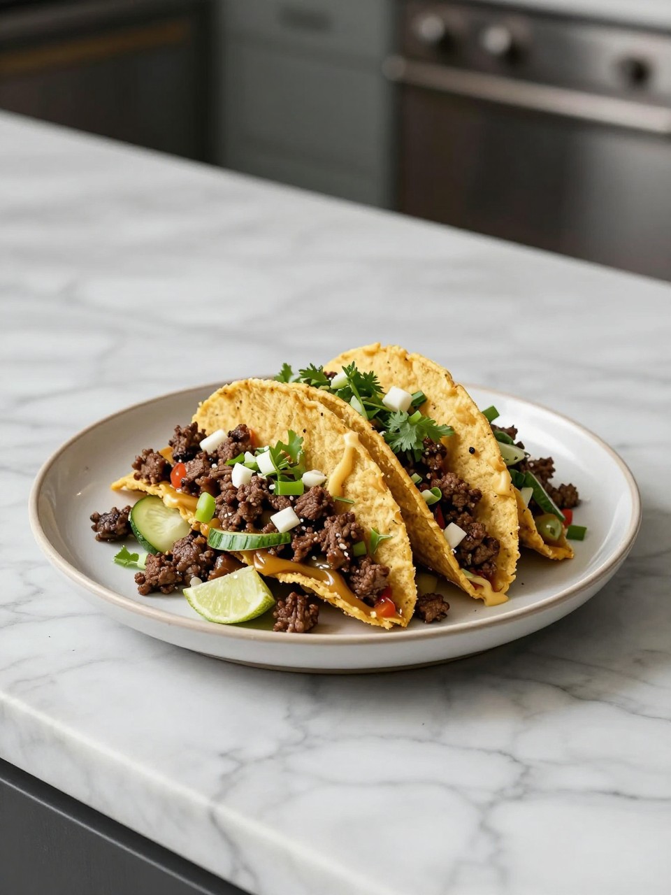 An overheard picture view of a plate of Ground Beef Taco Salad sitting on a marble countertop table in the kitchen, professional food photography style.