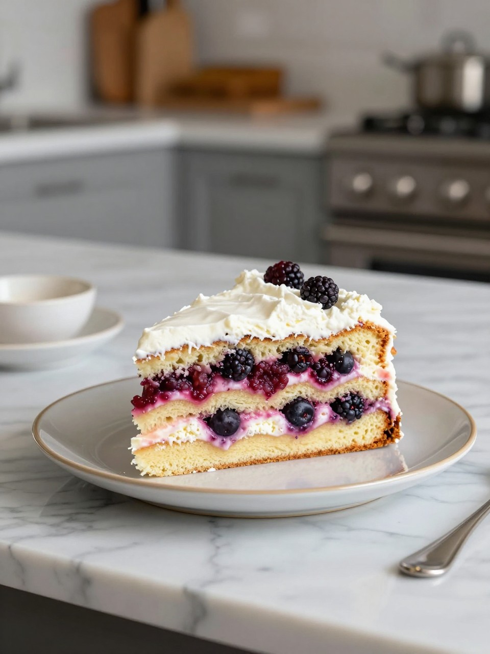 An overheard picture view of a plate of Ricotta and Berry Swirl Cake sitting on a marble countertop table in the kitchen, professional food photography style.