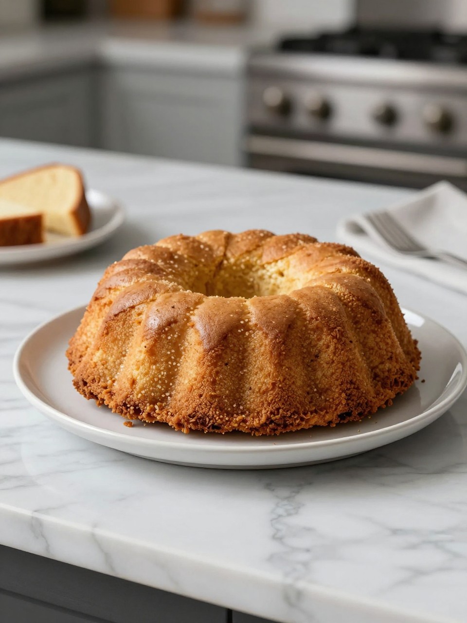 An overheard picture view of a plate of Ricotta Pound Cake sitting on a marble countertop table in the kitchen, professional food photography style.