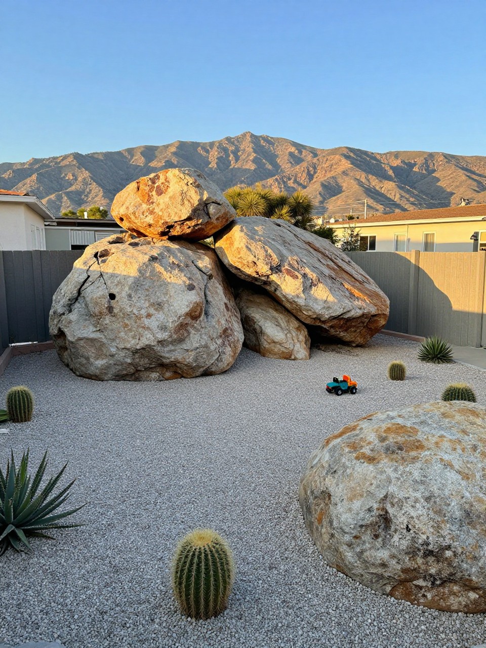 Photo of a gravel garden with large rounded boulders and small cactus, wide view, setting in a side yard with mountain views, late afternoon sun, containing a child's small toy truck near a boulder, iPhone photo quality.