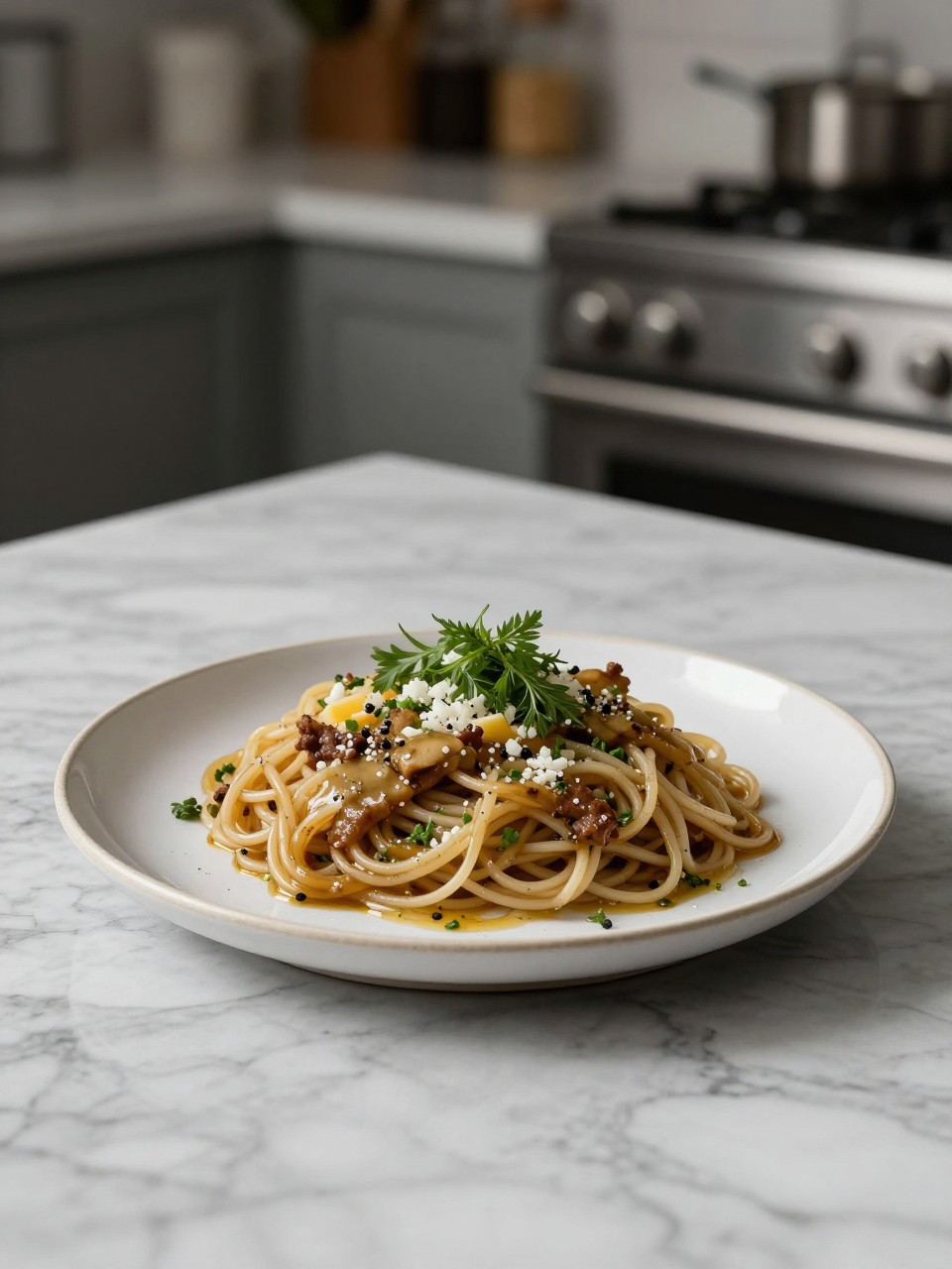 An overheard picture view of a plate of Zelten sitting on a marble countertop table in the kitchen, professional food photography style.