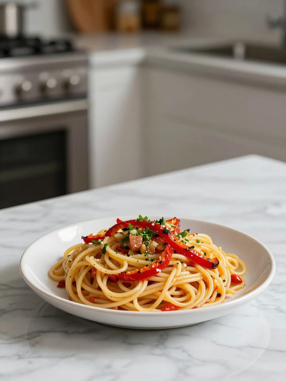 An overheard picture view of a plate of Spaghetti Salad with Roasted Red Peppers sitting on a marble countertop table in the kitchen, professional food photography style.
