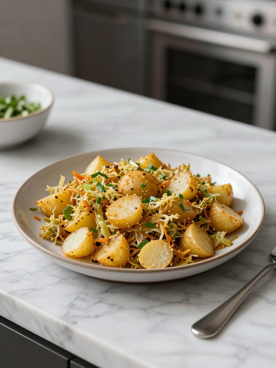 An overheard picture view of a plate of Vegan Cabbage and Potato Hash sitting on a marble countertop table in the kitchen, professional food photography style.
