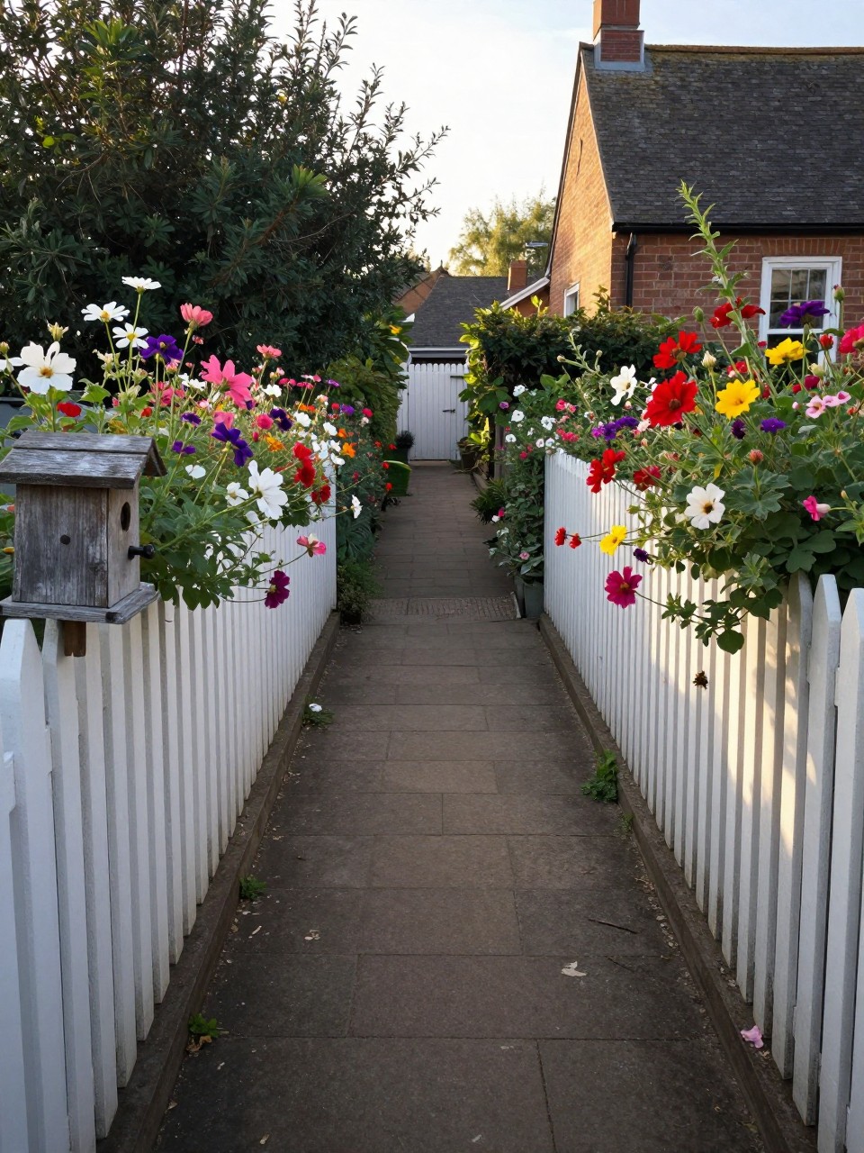Photo of a narrow side yard with a white picket fence on one side, flowers spilling over from both sides, straight-on view down the path, setting in a cottage garden, late afternoon light, containing a birdhouse on the fence, iPhone photo quality.