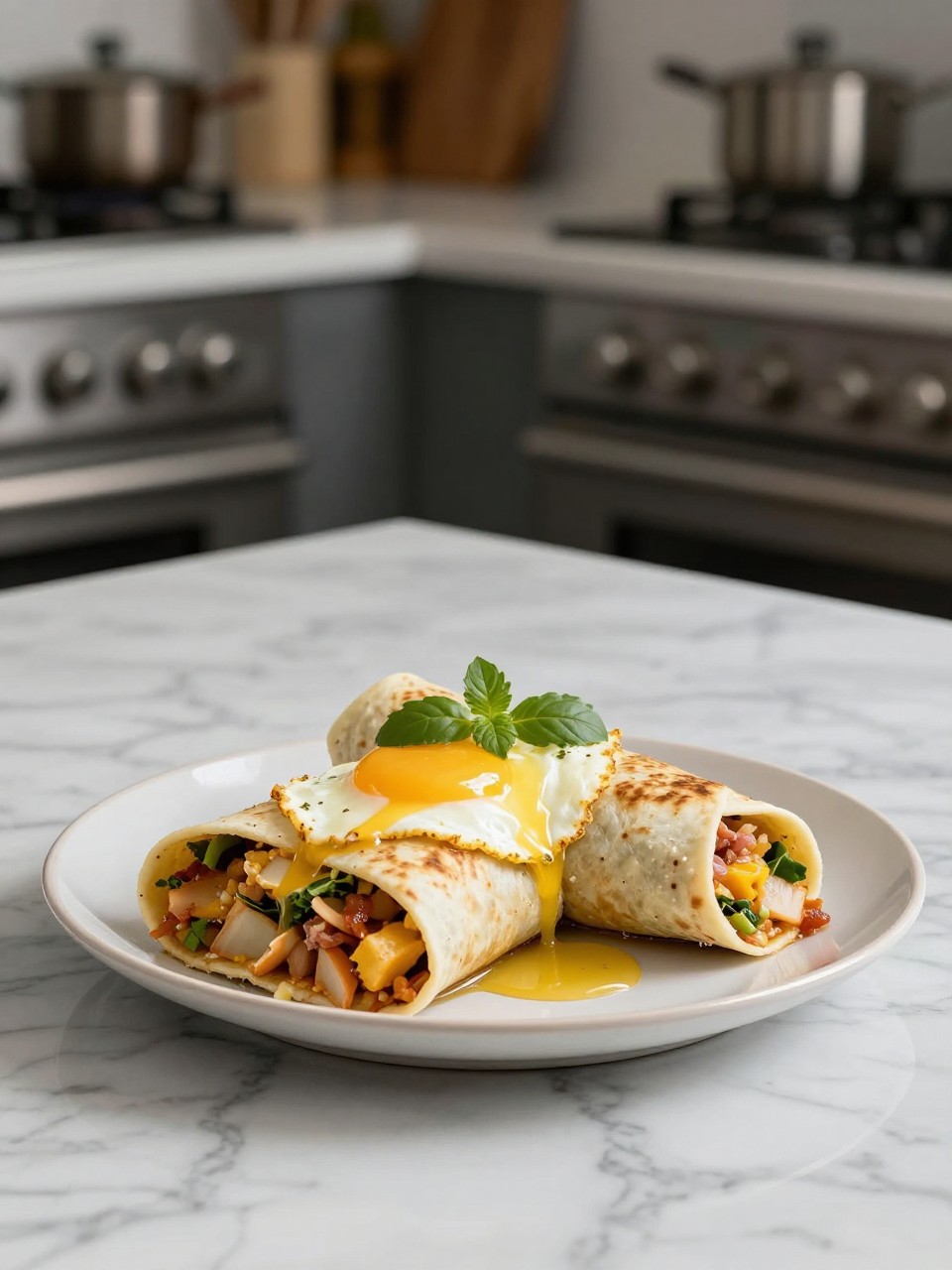 An overheard picture view of a plate of Breakfast Burritos sitting on a marble countertop table in the kitchen, professional food photography style.