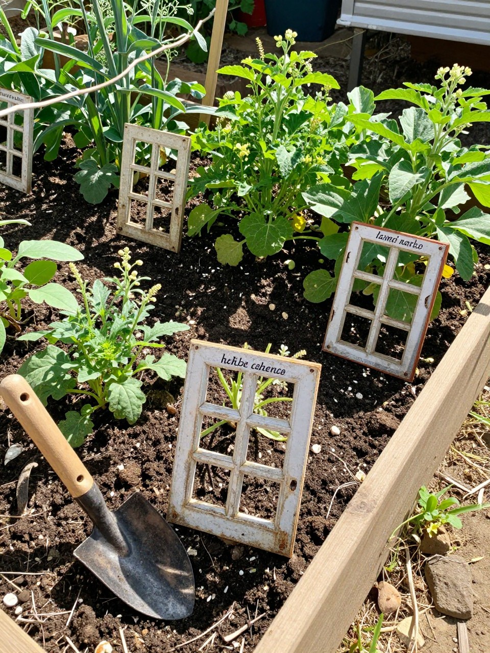 Photo of a vegetable garden with small old window frames used as plant markers, each labeled with herb names, corner angle view, setting in a kitchen garden, bright midday light, containing a trowel stuck in the soil nearby, iPhone photo quality.