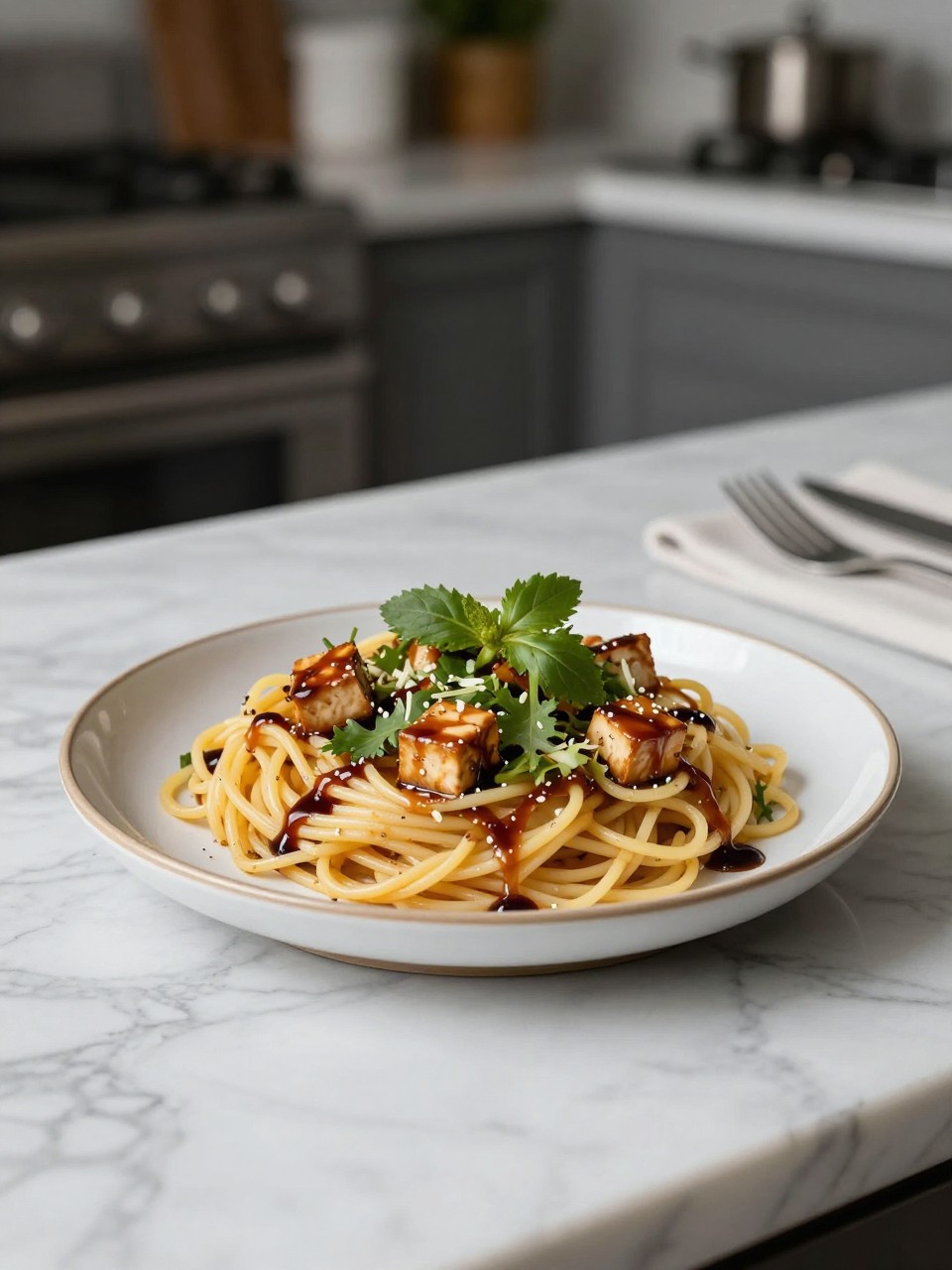 An overheard picture view of a plate of Spaghetti Salad with Balsamic Tofu sitting on a marble countertop table in the kitchen, professional food photography style.