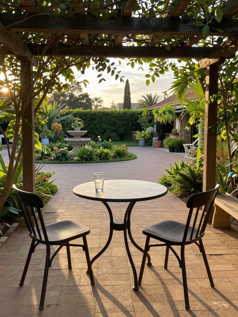 Photo of a small round dining table with two chairs under a pergola, wide view, setting in a courtyard garden with pavers, golden hour, containing a half-empty water glass on the table, iPhone photo quality.