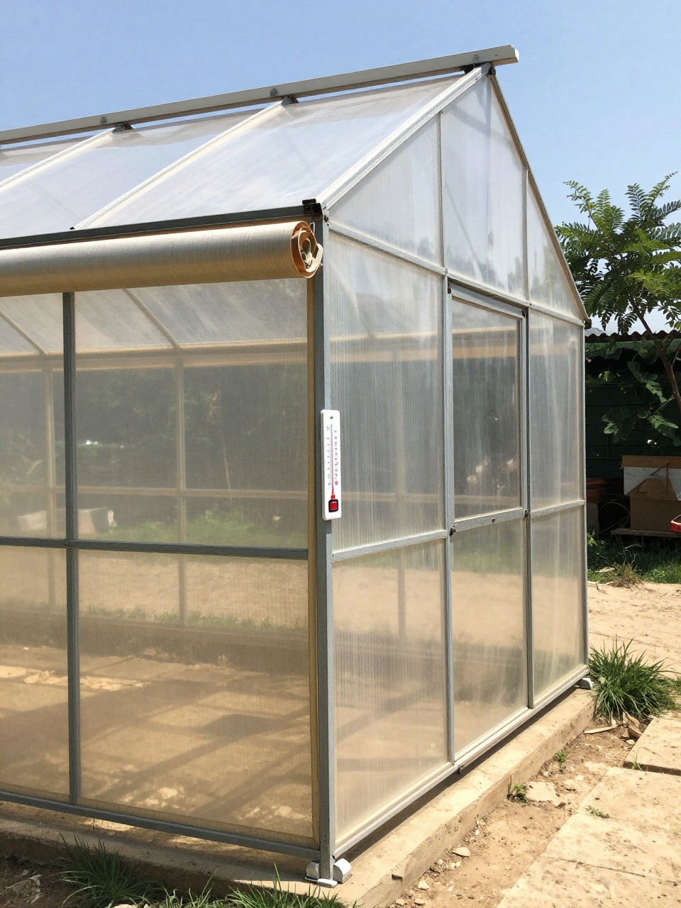 Photo of a greenhouse with a beige shade cloth partially rolled down on the sunny side, corner angle view, setting in a hot climate backyard, bright midday light, containing a thermometer mounted outside showing temperature, iPhone photo quality.