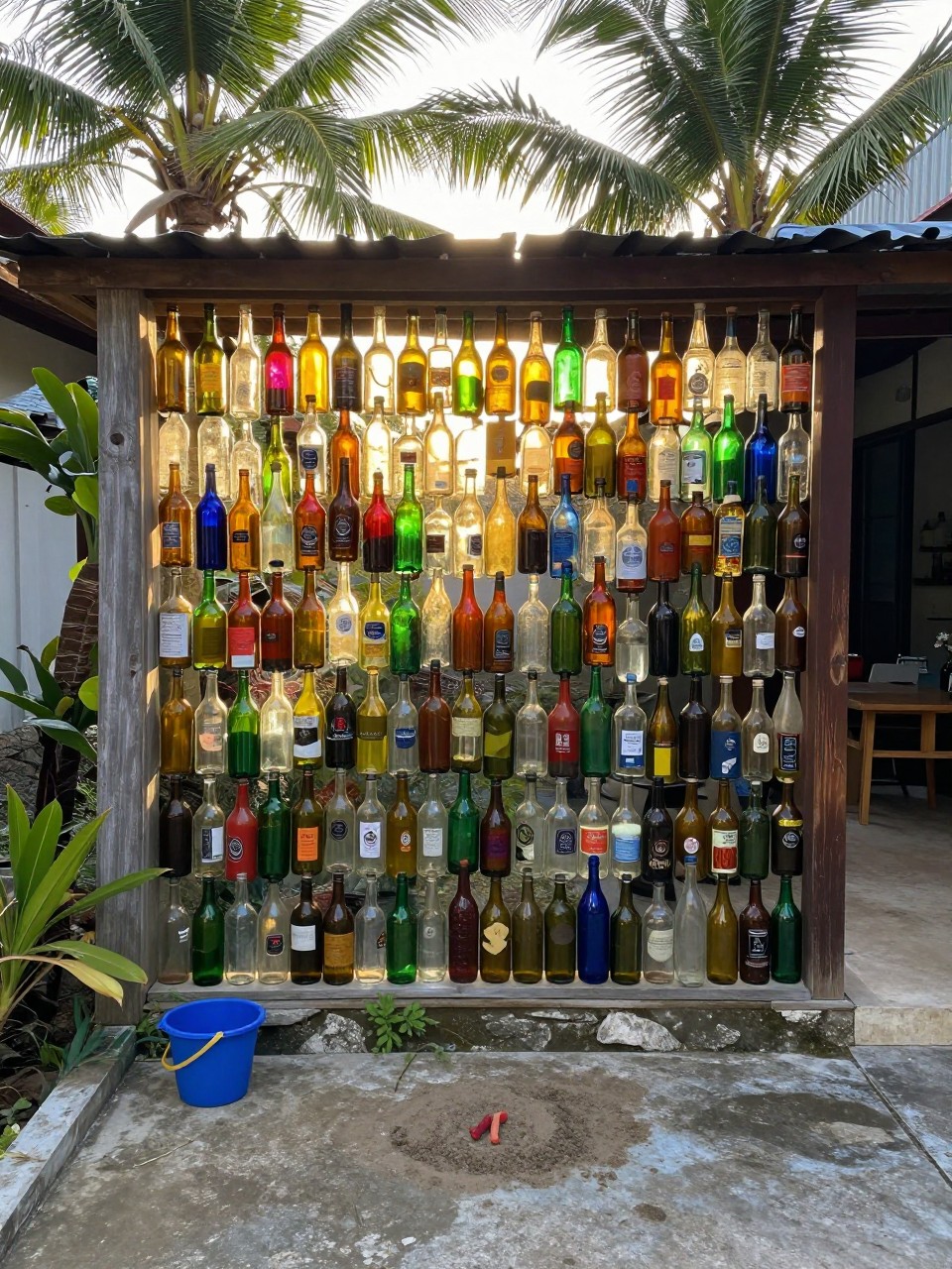 Photo of a recycled glass bottle wall with colorful bottles catching the sun, straight-on view, setting in a small tropical courtyard, late afternoon light, containing a child's small sand bucket nearby, iPhone photo quality.
