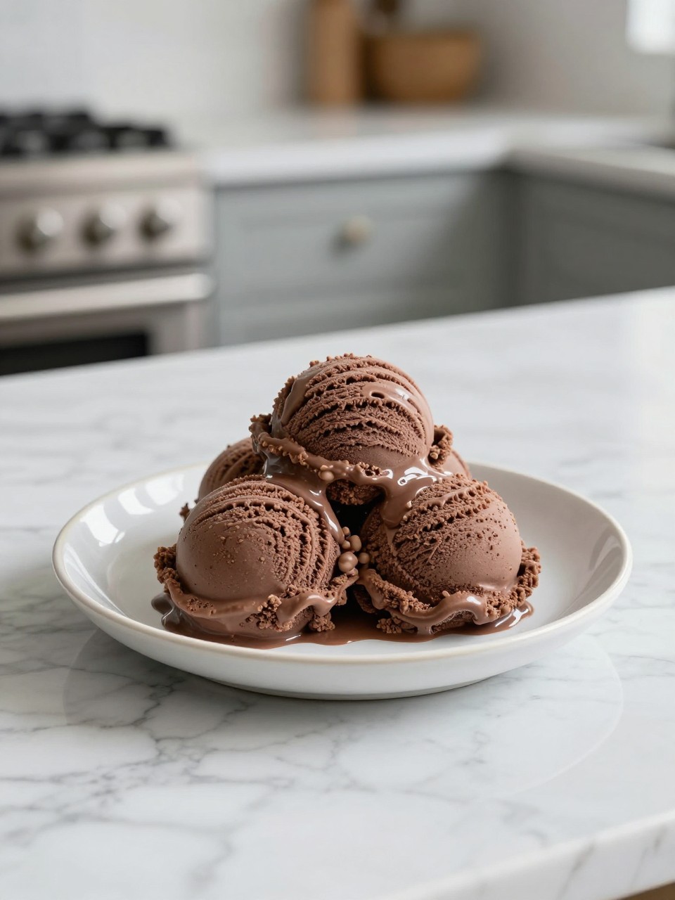 An overheard picture view of a plate of Rich Chocolate Ice Cream sitting on a marble countertop table in the kitchen, professional food photography style.