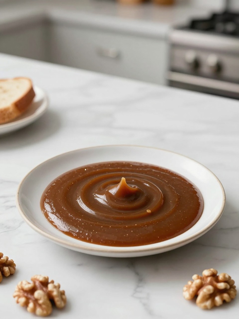 An overheard picture view of a plate of Walnut Sauce sitting on a marble countertop table in the kitchen, professional food photography style.