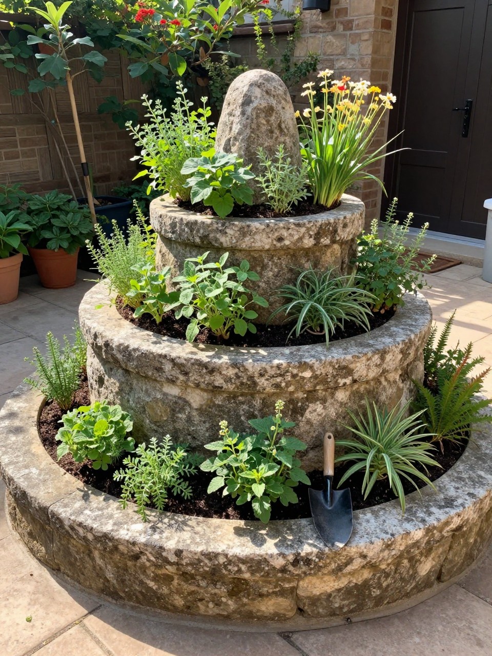 Photo of a stone herb spiral in a courtyard garden, with different herbs growing at each level, corner angle view, setting in a sunny spot, morning light, containing a small trowel stuck in the soil, iPhone photo quality.