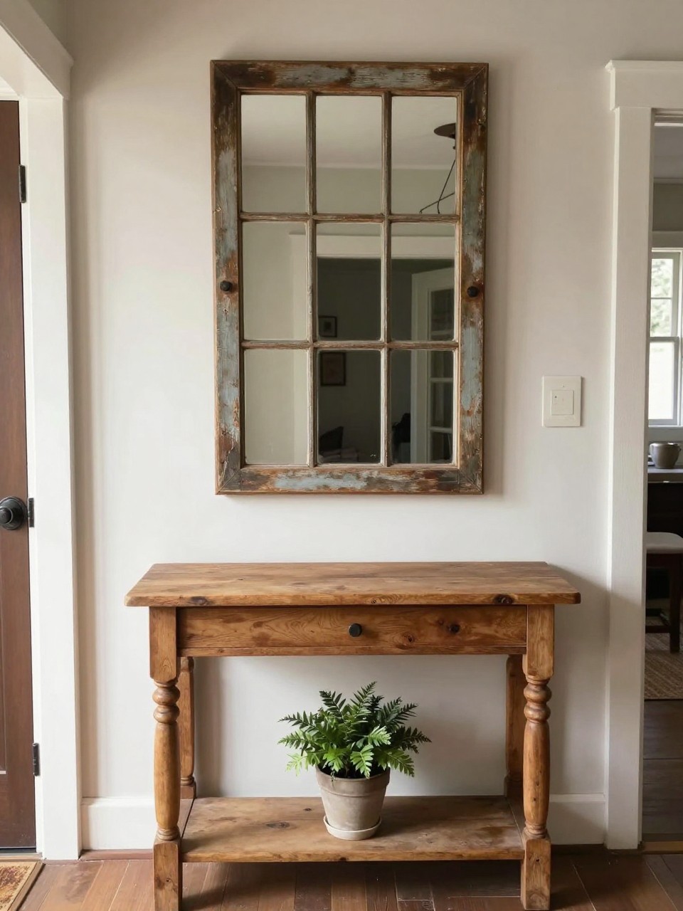 Photo of a rustic entryway with an old window frame mirror hanging above a wooden console table, straight-on view, setting in a farmhouse foyer, morning light, containing a small potted plant on the table below, iPhone photo quality.