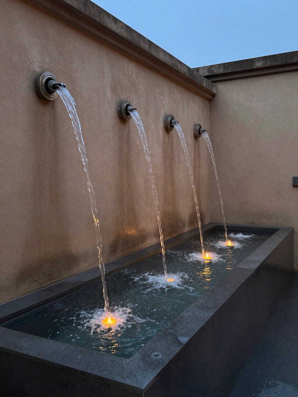 Photo of a wall with multiple water spouts creating a curtain effect into a long basin, corner angle view, setting in a courtyard with evening lighting, dusk, containing a single floating candle in the basin, iPhone photo quality.