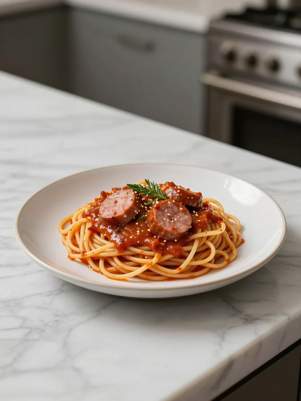 An overheard picture view of a plate of Spaghetti Sauce with Sausage sitting on a marble countertop table in the kitchen, professional food photography style.